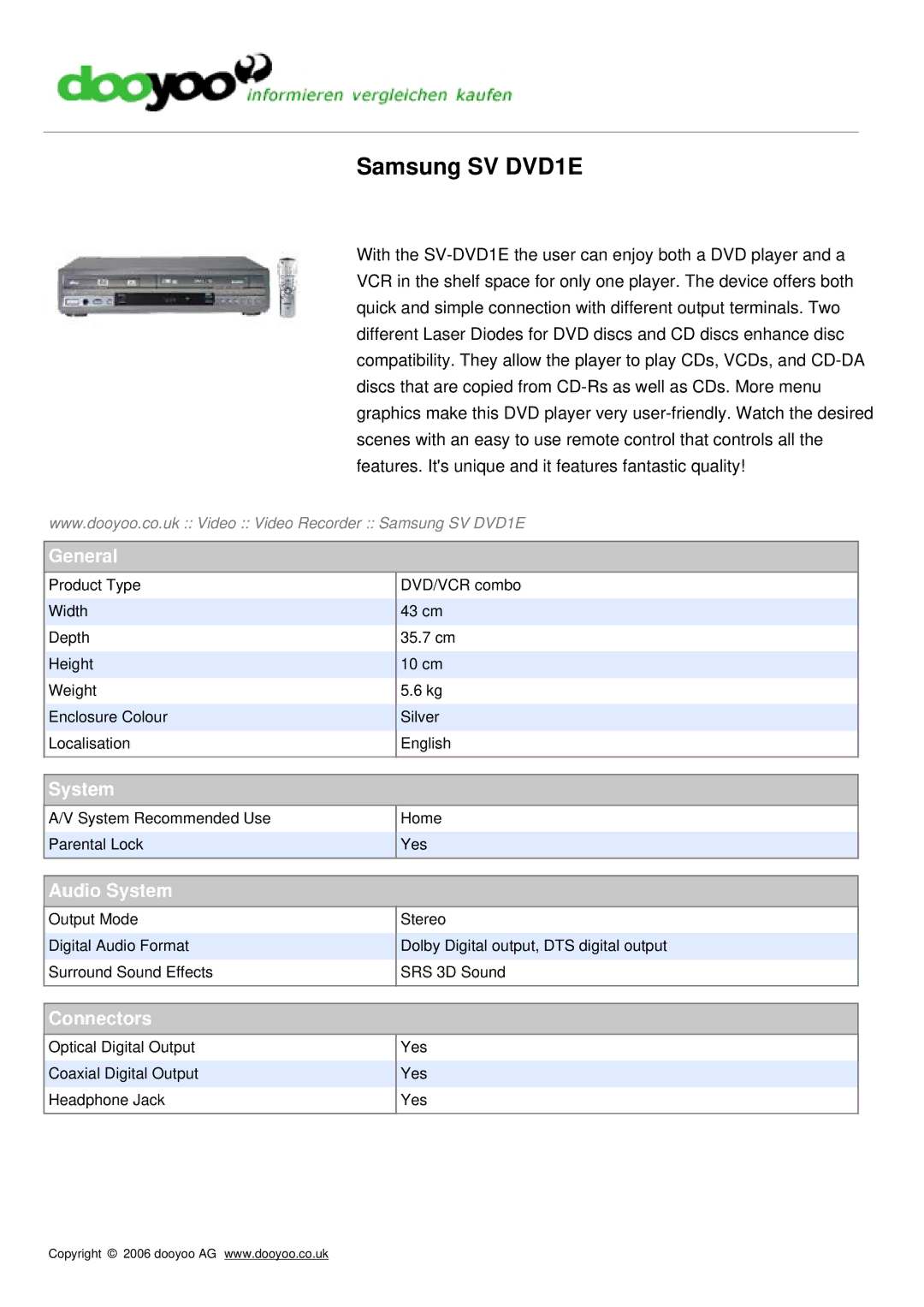 Samsung SV-DVD1E manual Samsung SV DVD1E, General, Audio System, Connectors 