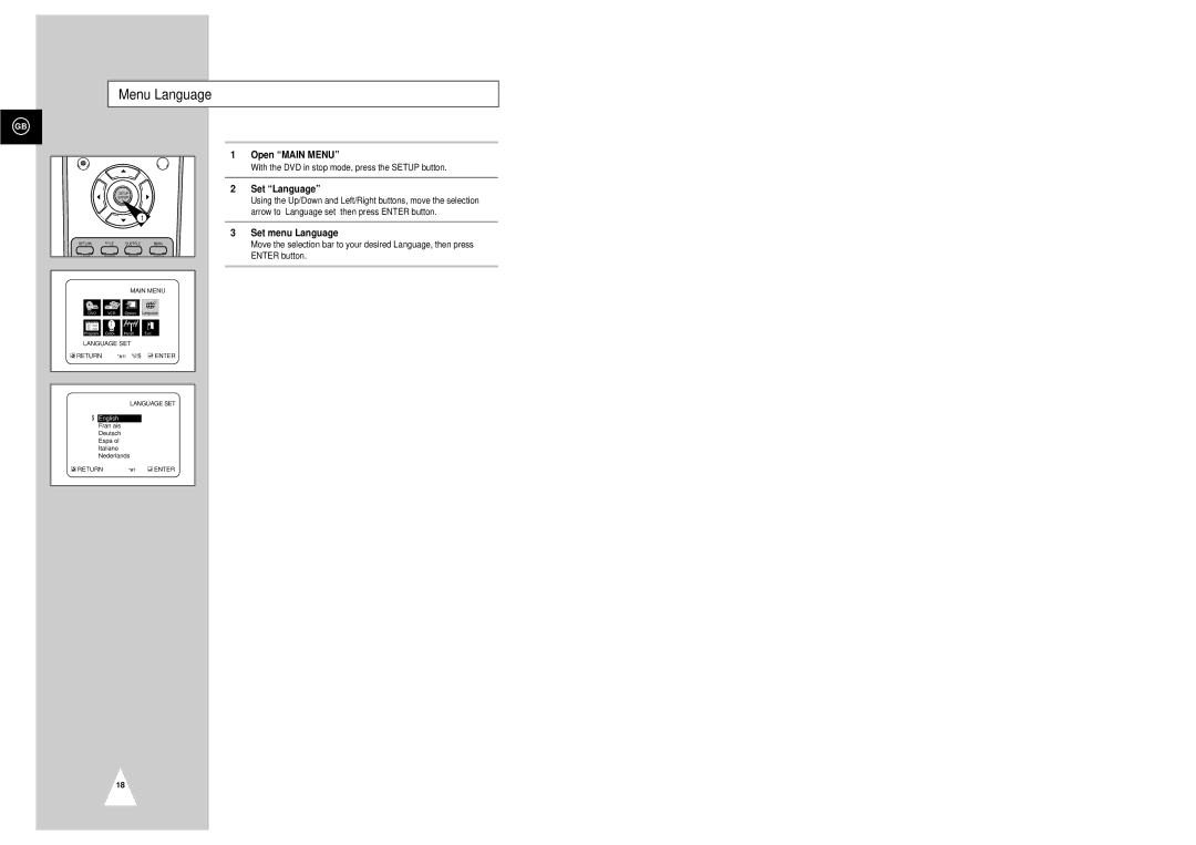 Samsung SV-DVD3E instruction manual Menu Language, Open Main Menu, Set Language, Set menu Language 