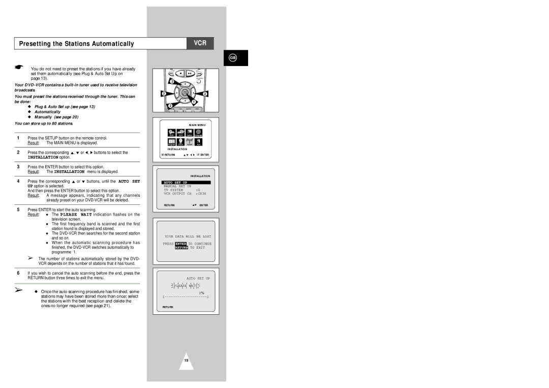 Samsung SV-DVD3E instruction manual Presetting the Stations Automatically, Auto SET UP, Return to Exit 