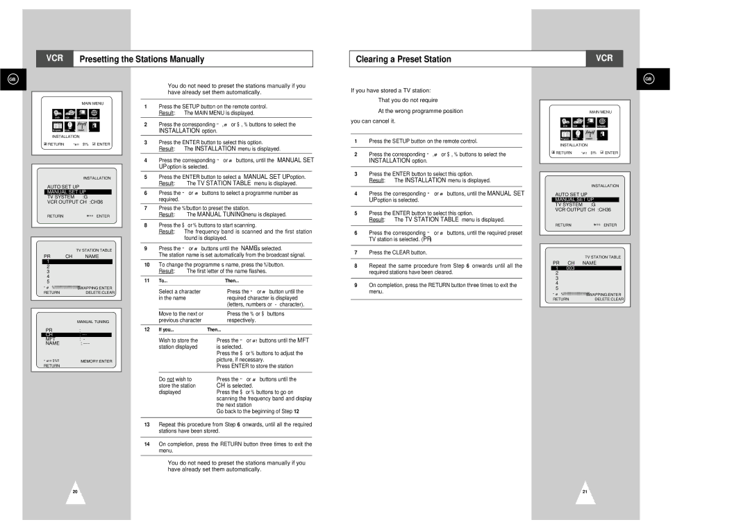 Samsung SV-DVD3E instruction manual Clearing a Preset Station, 11 To...Then, If you Then, Manual SET UP 