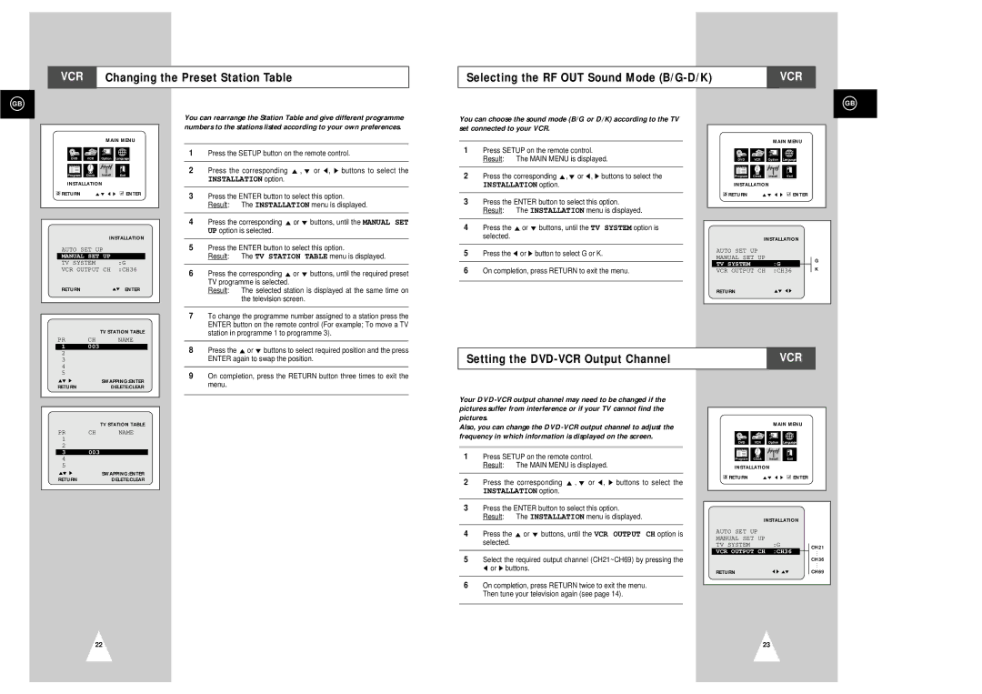 Samsung SV-DVD3E Selecting the RF OUT Sound Mode B/G-D/K, Setting the DVD-VCR Output Channel, TV System, VCR Output CH 