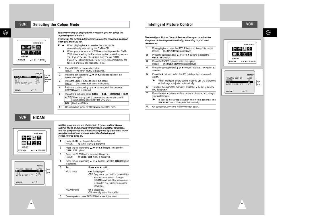 Samsung SV-DVD3E VCR Selecting the Colour Mode Intelligent Picture Control, Please refer to, Press or ❿, until 