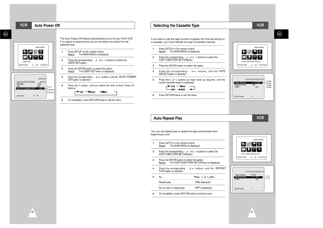 Samsung SV-DVD3E VCR Auto Power Off Selecting the Cassette Type, Auto Repeat Play, OFF 2HOUR 3HOUR, E180 E240 E300 E260 