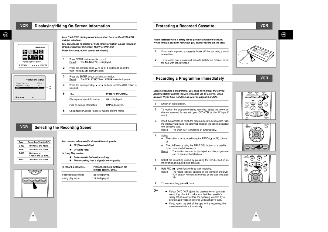 Samsung SV-DVD3E instruction manual Recording a Programme Immediately, VCR Selecting the Recording Speed, Osd 