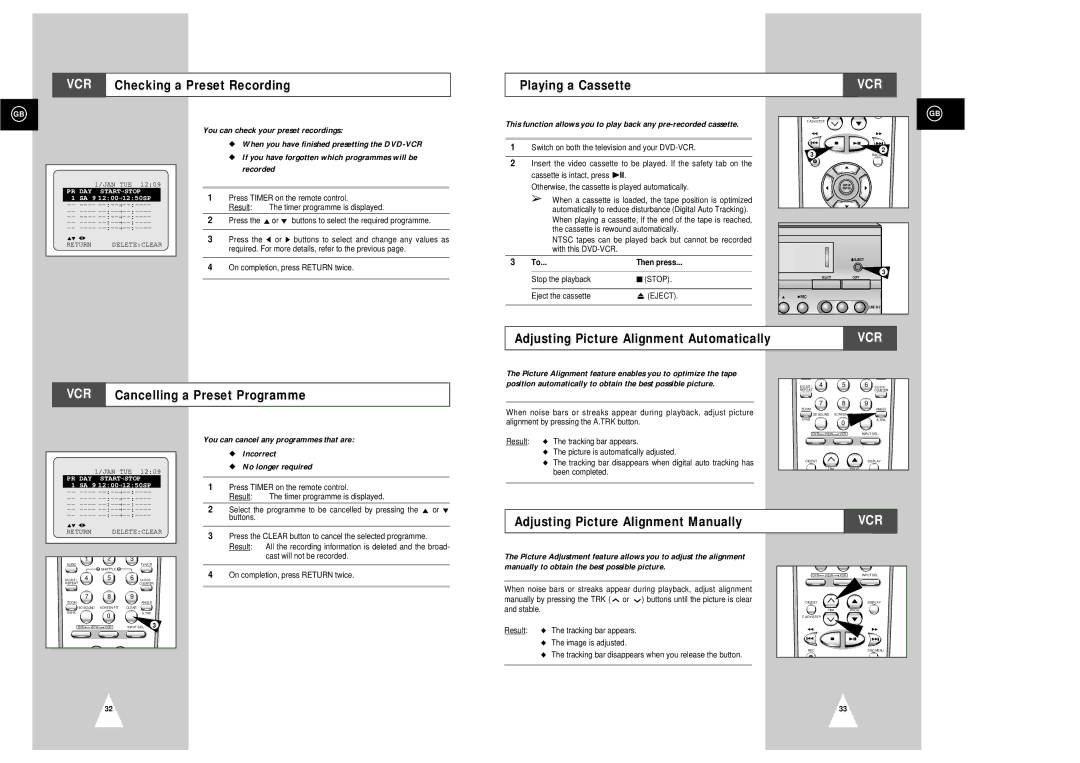 Samsung SV-DVD3E VCR Checking a Preset Recording Playing a Cassette, Adjusting Picture Alignment Automatically 
