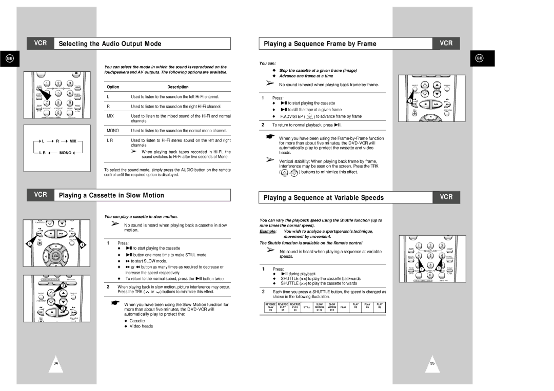 Samsung SV-DVD3E instruction manual Playing a Sequence at Variable Speeds, You can play a cassette in slow motion, MIX Mono 