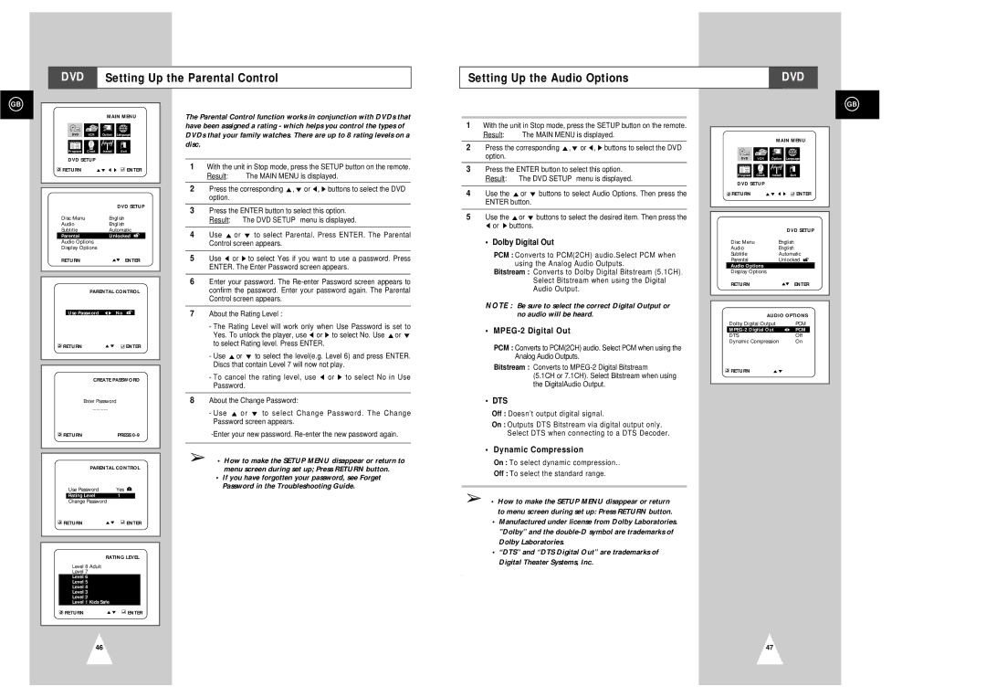 Samsung SV-DVD3E instruction manual Dolby Digital Out, MPEG-2 Digital Out, Dynamic Compression 