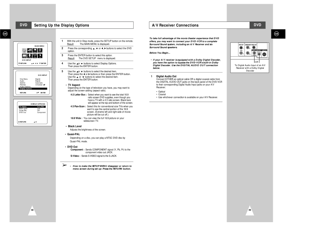 Samsung SV-DVD3E instruction manual DVD Setting Up the Display Options Receiver Connections 