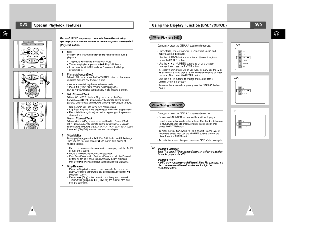 Samsung SV-DVD3E Still, Frame Advance Step, Skip Forward/Back, Search Forward/Back, Slow Motion, Stop/Resume 