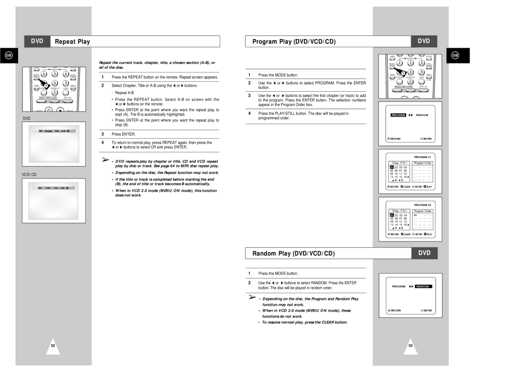 Samsung SV-DVD3E instruction manual DVD Repeat Play Program Play DVD/VCD/CD, Random Play DVD/VCD/CD 