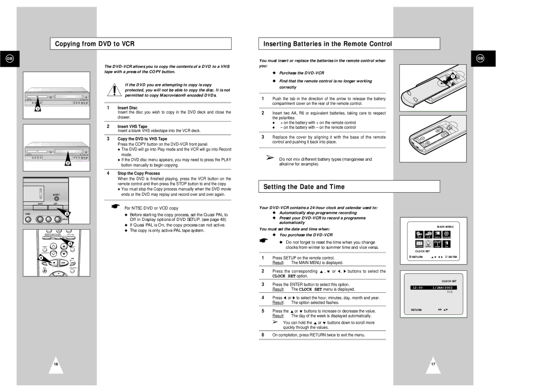 Samsung SV-DVD3E Setting the Date and Time, Insert Disc, Insert VHS Tape, Copy the DVD to VHS Tape, Stop the Copy Process 