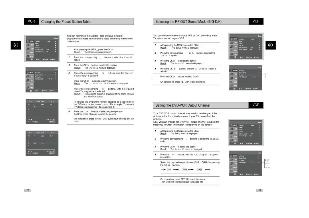 Samsung SV-DVD540 instruction manual Selecting the RF OUT Sound Mode B/G-D/K, Setting the DVD-VCR Output Channel 