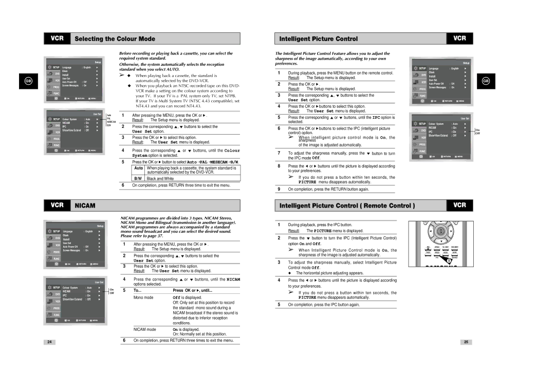 Samsung SV-DVD540 VCR Selecting the Colour Mode Intelligent Picture Control, Intelligent Picture Control Remote Control 