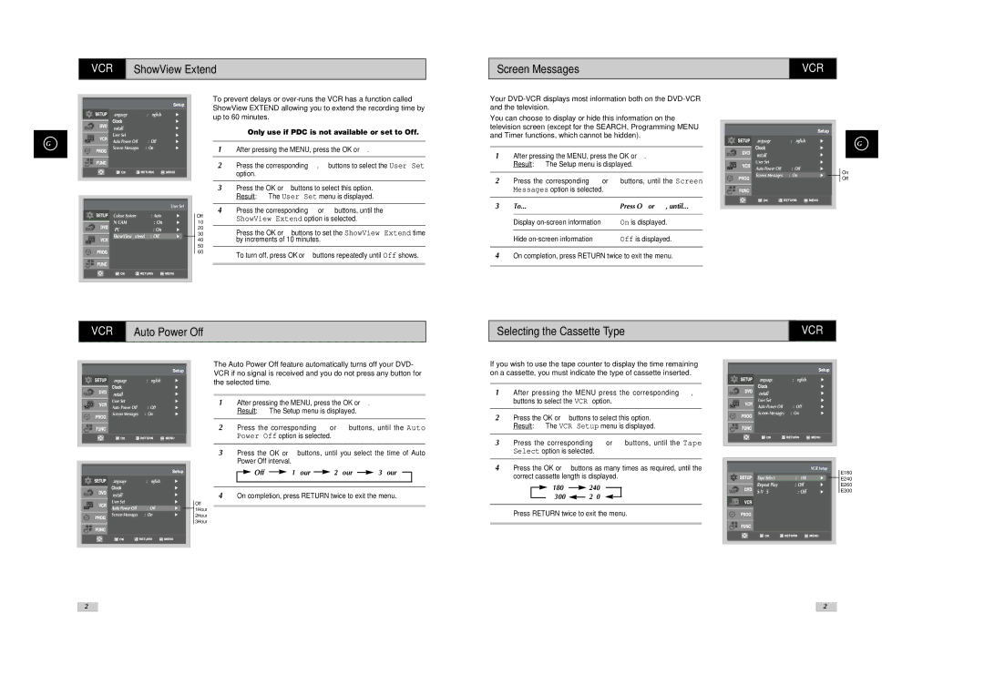 Samsung SV-DVD540 VCR ShowView Extend Screen Messages, VCR Auto Power Off Selecting the Cassette Type, E180 E240 300 E260 