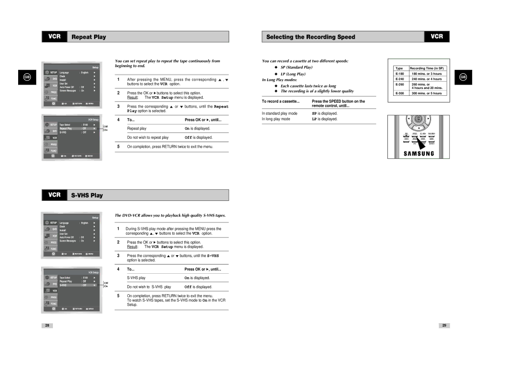 Samsung SV-DVD540 instruction manual VCR Repeat Play Selecting the Recording Speed, VHS Play 