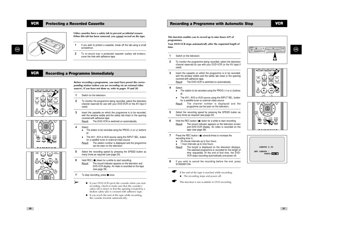 Samsung SV-DVD540 instruction manual VCR Recording a Programme Immediately, Standby/On 