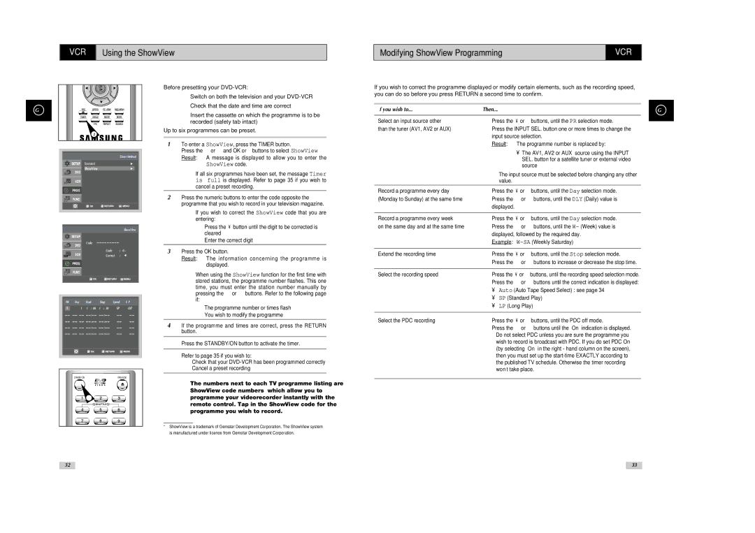 Samsung SV-DVD540 instruction manual VCR Using the ShowView, Modifying ShowView Programming 