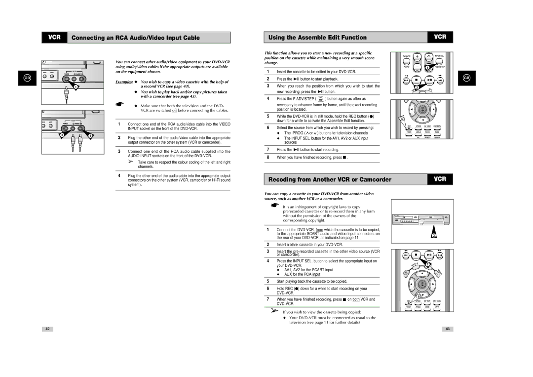 Samsung SV-DVD540 instruction manual Recoding from Another VCR or Camcorder 