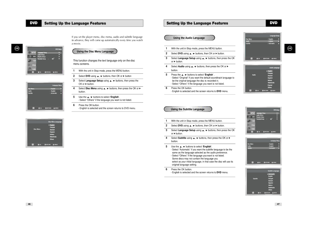 Samsung SV-DVD540 DVD Setting Up the Language Features, Using the Disc Menu Language, Using the Audio Language 