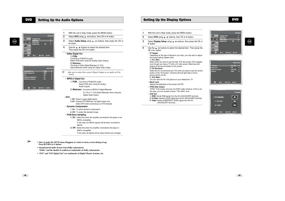 Samsung SV-DVD540 instruction manual Dolby Digital Out PCM, MPEG-2 Digital Out, Dts, Dynamic Compression, PCM Down Sampling 