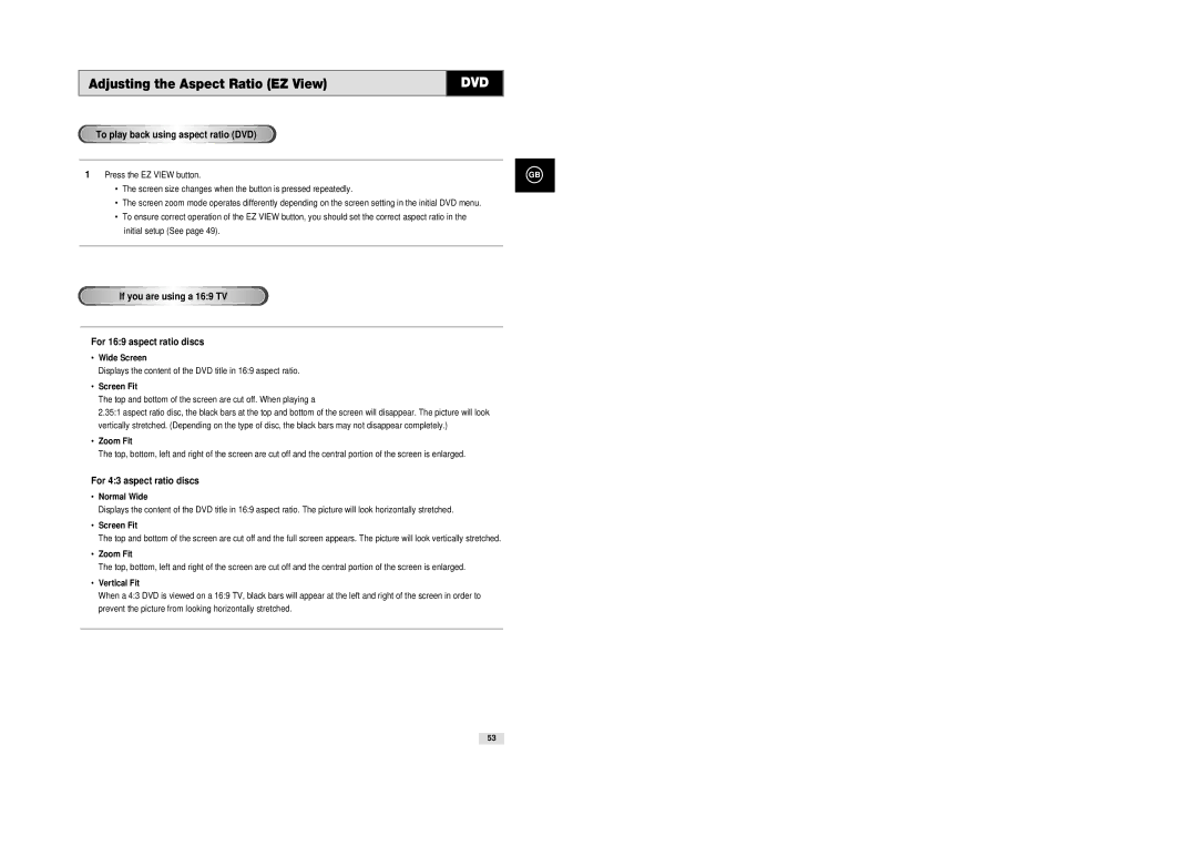 Samsung SV-DVD540 instruction manual Adjusting the Aspect Ratio EZ View 