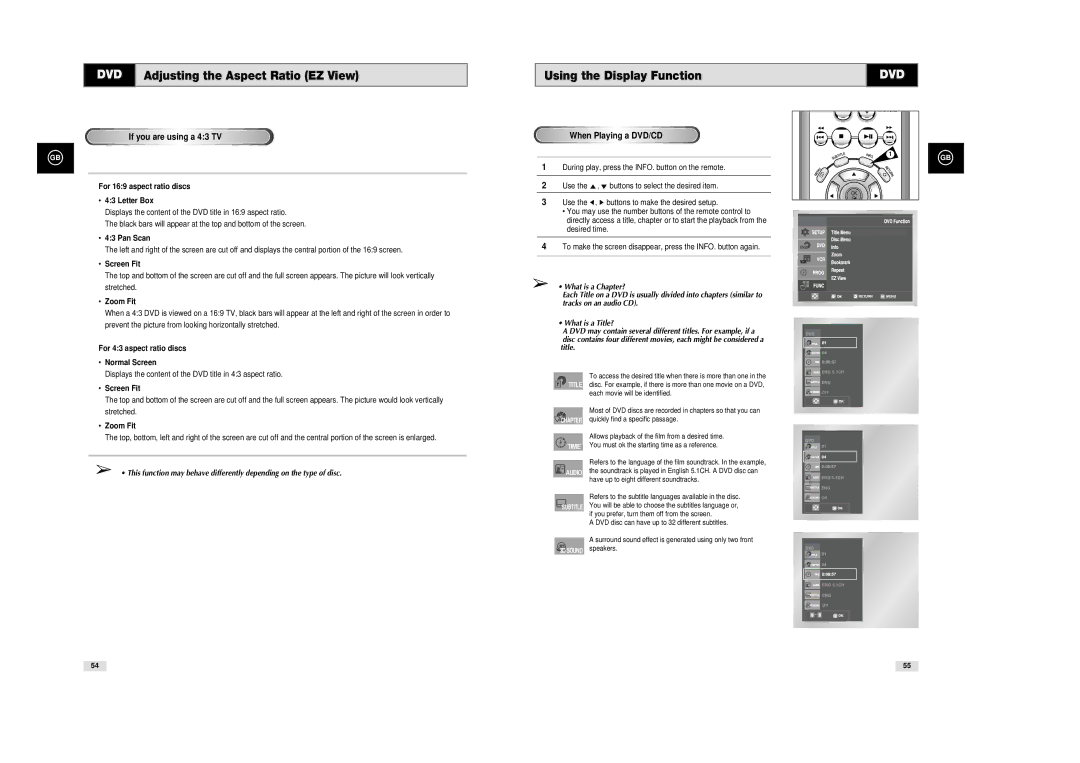 Samsung SV-DVD540 Using the Display Function, Pan Scan, For 43 aspect ratio discs Normal Screen, When Playing a DVD/CD 