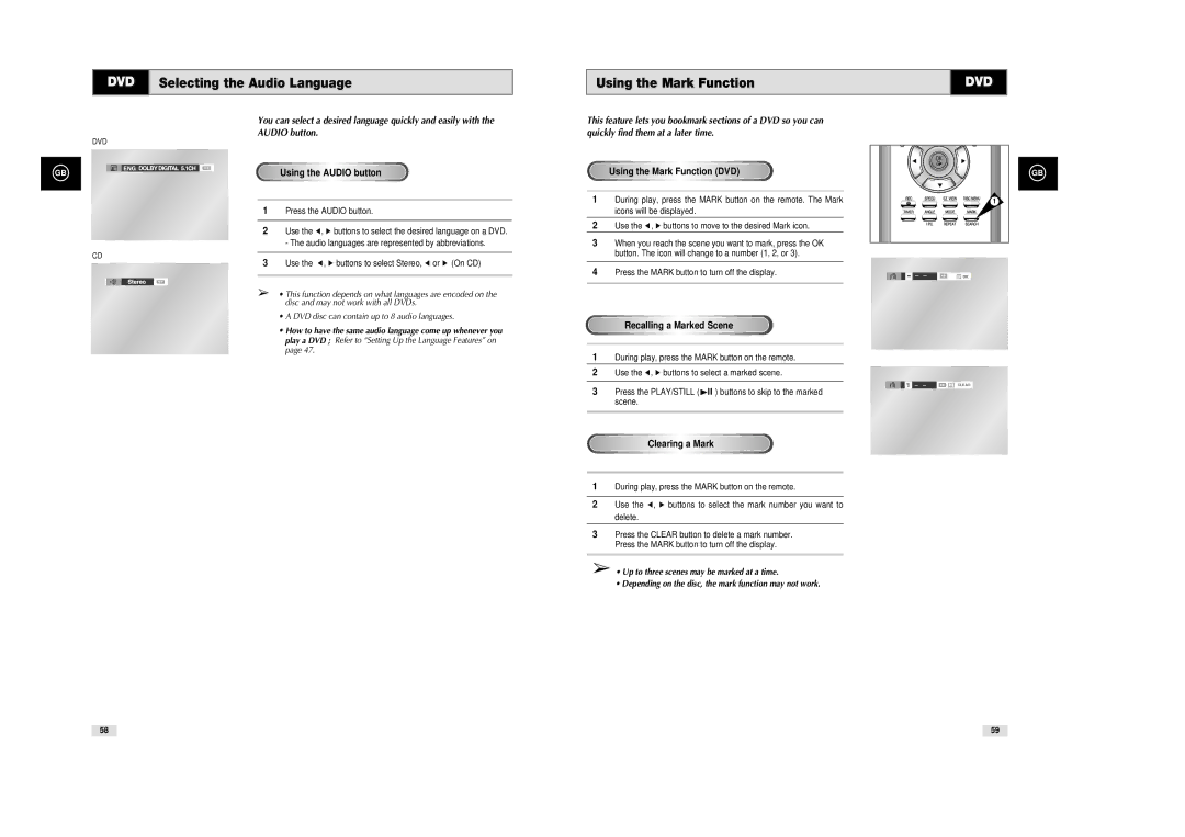 Samsung SV-DVD540 DVD Selecting the Audio Language Using the Mark Function, Using the Audio button, Clearing a Mark 