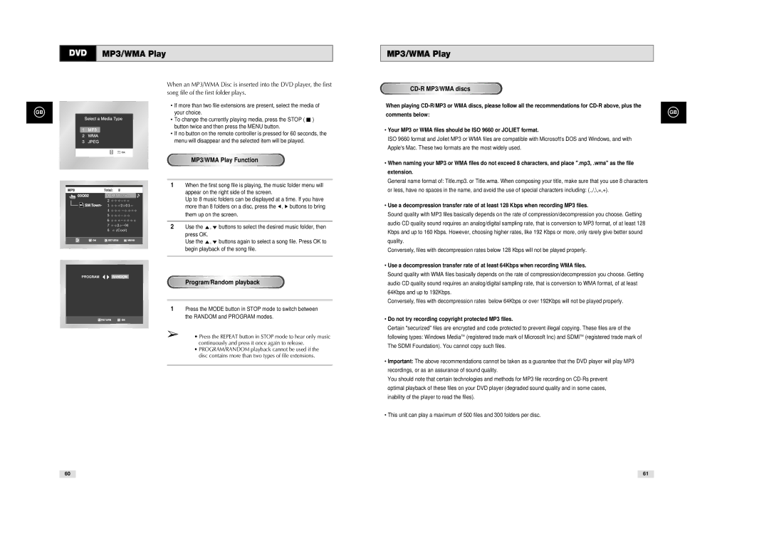 Samsung SV-DVD540 MP3/WMA Play Function, Program/Random playback, Do not try recording copyright protected MP3 files 