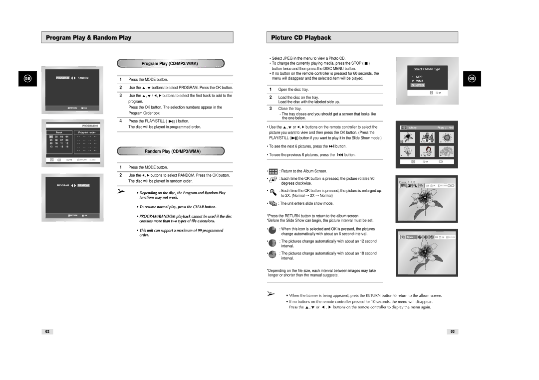 Samsung SV-DVD540 Program Play & Random Play, Picture CD Playback, Program Play CD/MP3/WMA, Random Play CD/MP3/WMA 