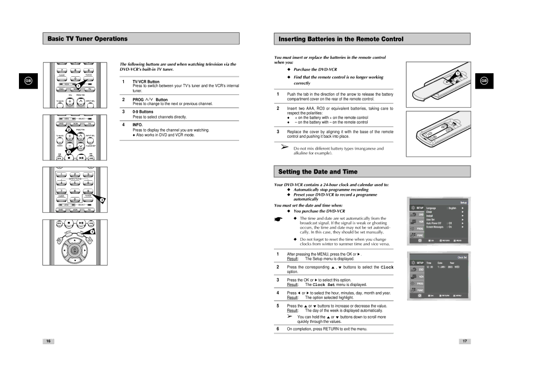 Samsung SV-DVD540 instruction manual Setting the Date and Time, TV/VCR Button, Prog Button, Buttons, Info 