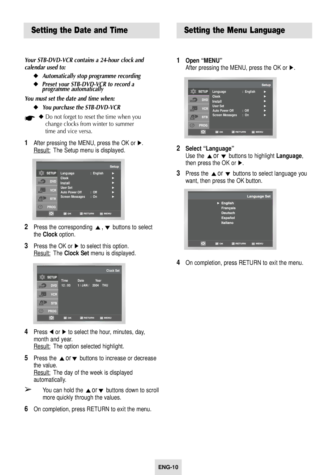 Samsung SV-DVD54T instruction manual Setting the Date and Time Setting the Menu Language, Open Menu, Select Language 