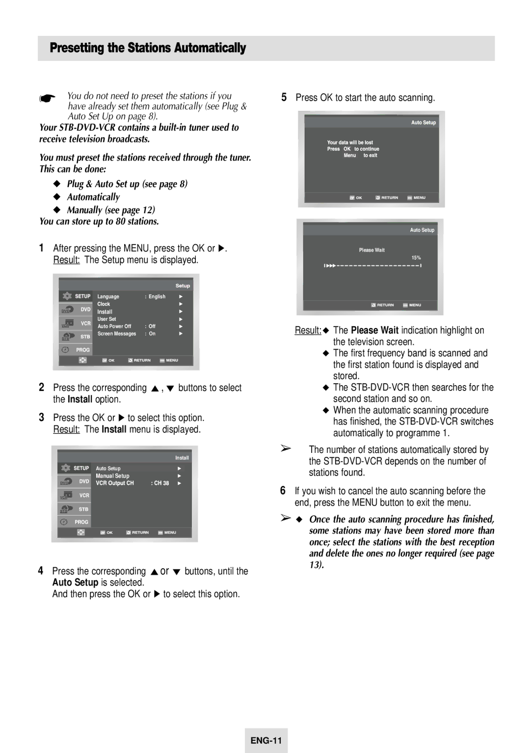 Samsung SV-DVD54T instruction manual Presetting the Stations Automatically, Install option 