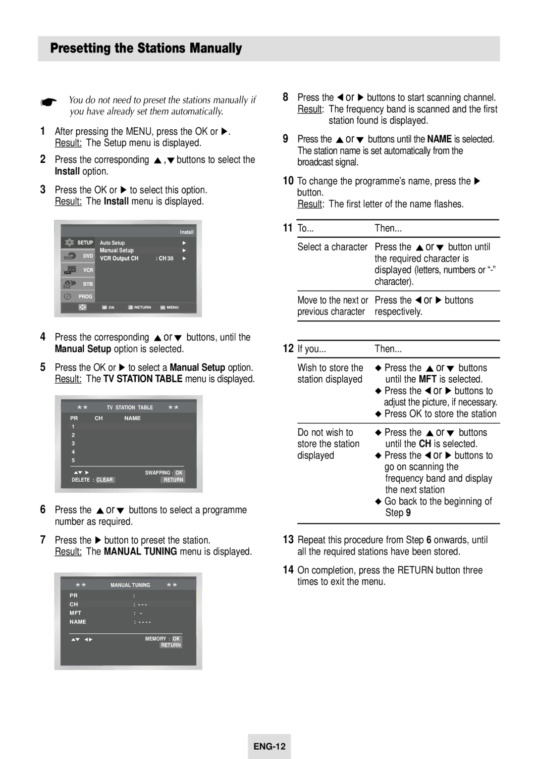 Samsung SV-DVD54T instruction manual Presetting the Stations Manually, Install option 