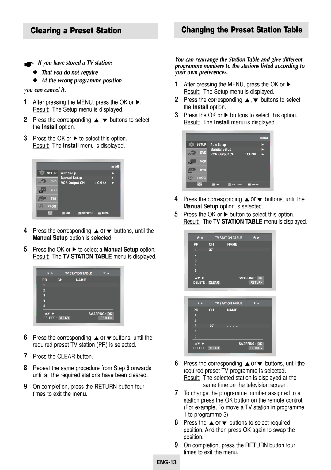 Samsung SV-DVD54T instruction manual Clearing a Preset Station, Changing the Preset Station Table, Press the Clear button 