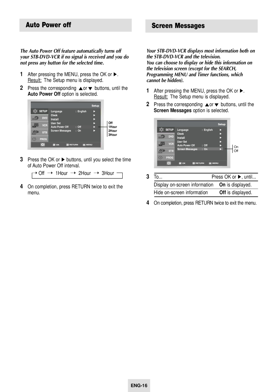 Samsung SV-DVD54T instruction manual Auto Power off Screen Messages, Auto Power Off option is selected 