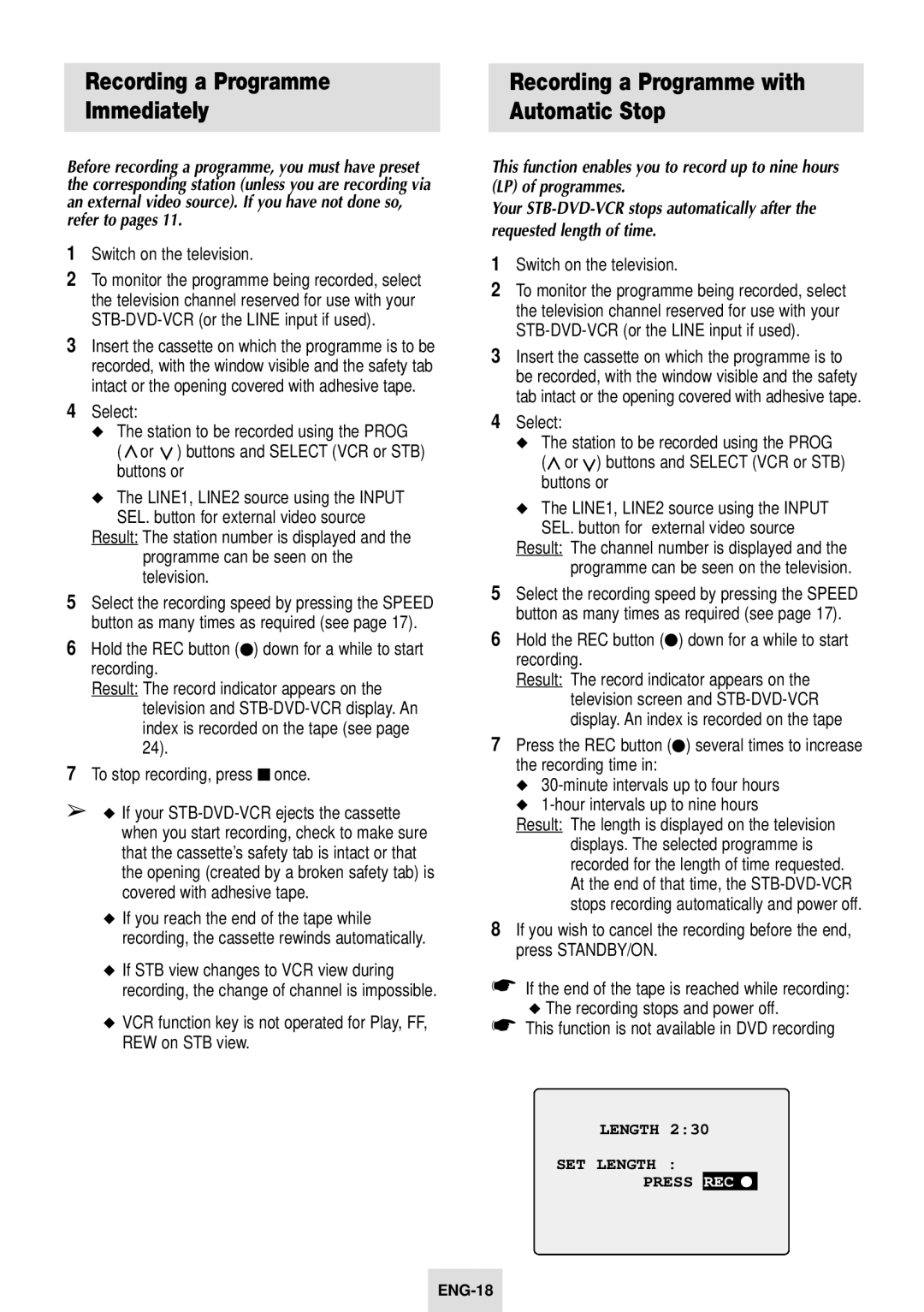 Samsung SV-DVD54T instruction manual Recording a Programme Immediately, Recording a Programme with Automatic Stop 