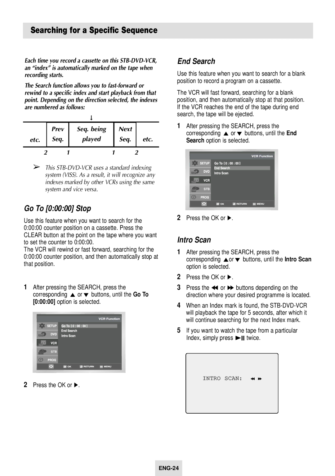 Samsung SV-DVD54T instruction manual Searching for a Specific Sequence, Go To 00000 Stop, End Search, Intro Scan 