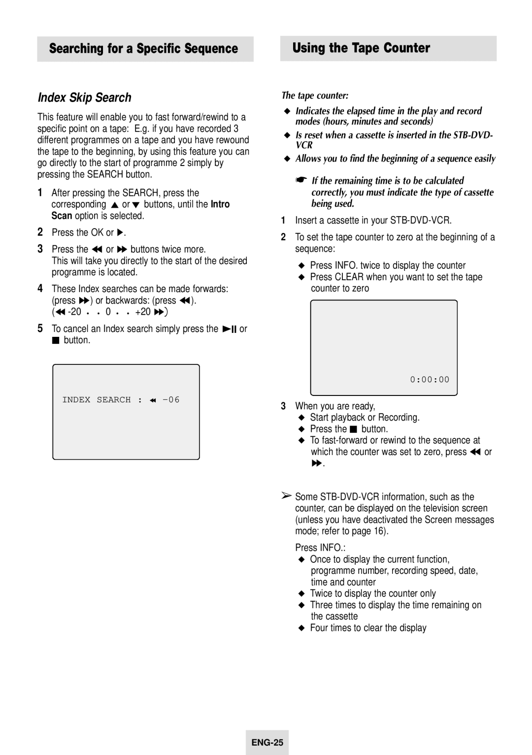 Samsung SV-DVD54T Using the Tape Counter, Index Skip Search, To cancel an Index search simply press the ❿II or button 