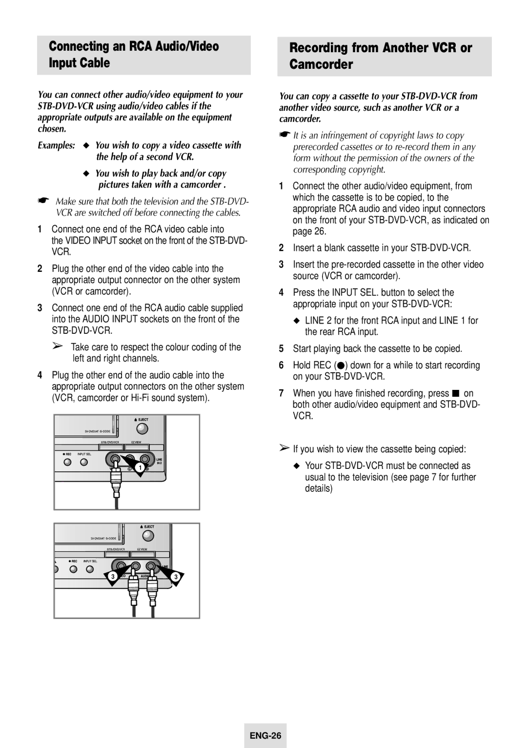 Samsung SV-DVD54T instruction manual Connecting an RCA Audio/Video Input Cable, Recording from Another VCR or Camcorder 