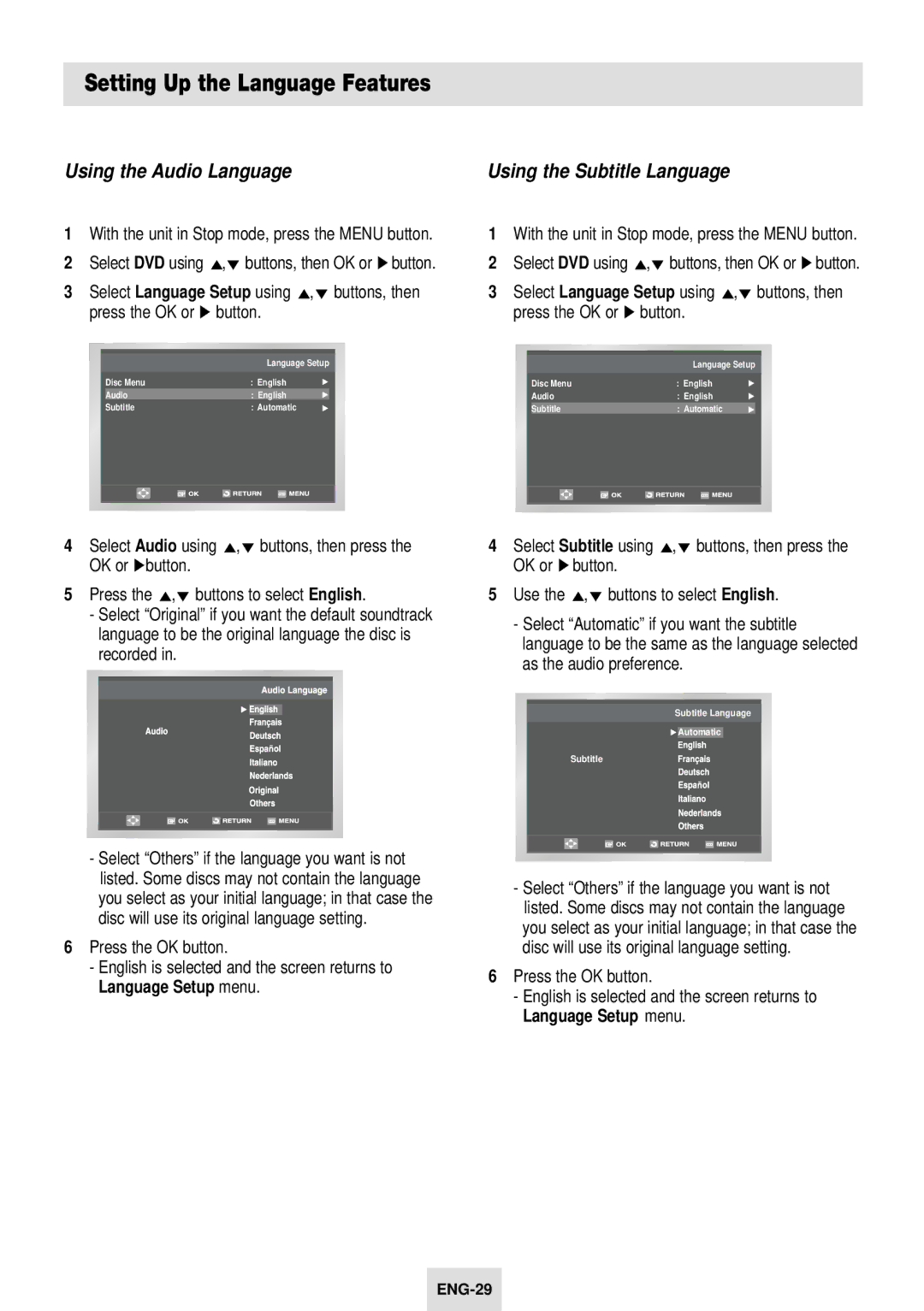 Samsung SV-DVD54T Setting Up the Language Features, OK or ❿button, Press the ,❷ buttons to select English, Recorded 