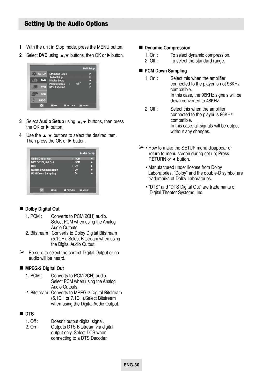 Samsung SV-DVD54T Setting Up the Audio Options, Dolby Digital Out, MPEG-2 Digital Out, Dynamic Compression 