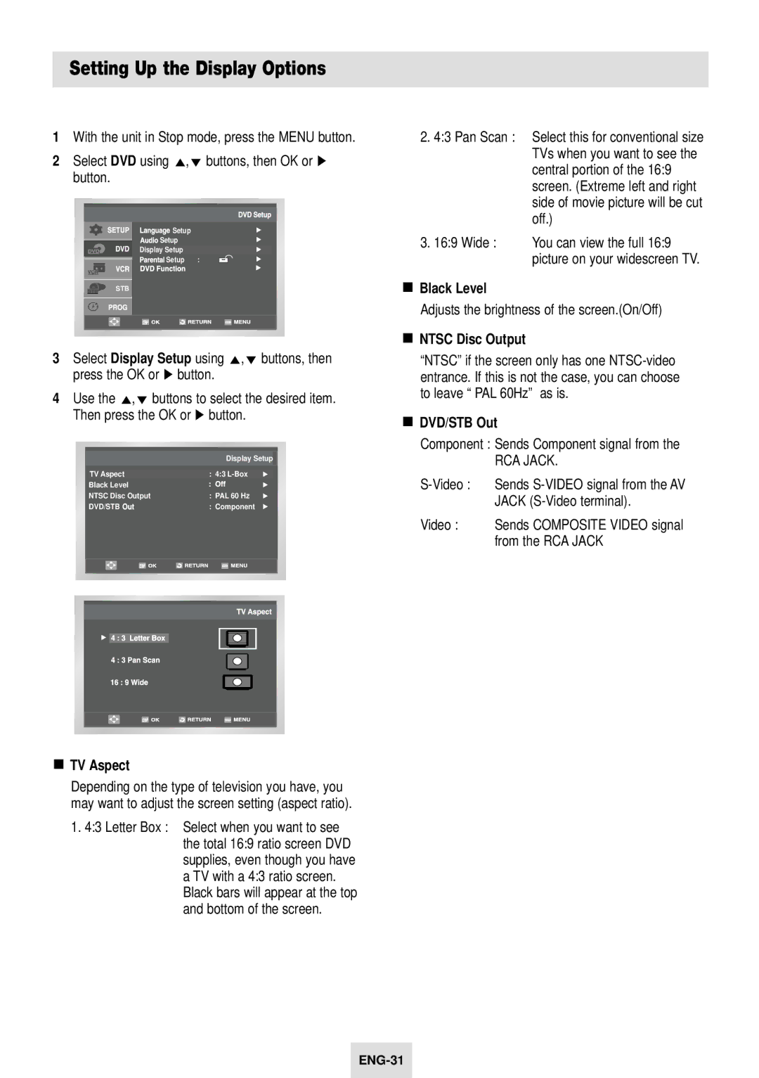 Samsung SV-DVD54T instruction manual Setting Up the Display Options, TV Aspect, Black Level, Ntsc Disc Output, DVD/STB Out 