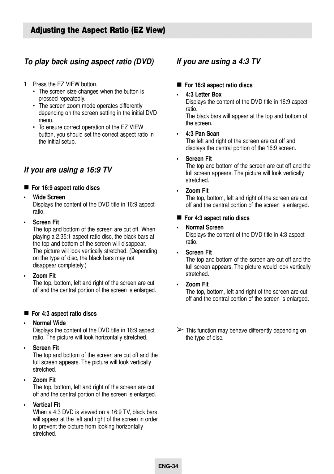 Samsung SV-DVD54T Adjusting the Aspect Ratio EZ View, To play back using aspect ratio DVD, If you are using a 169 TV 