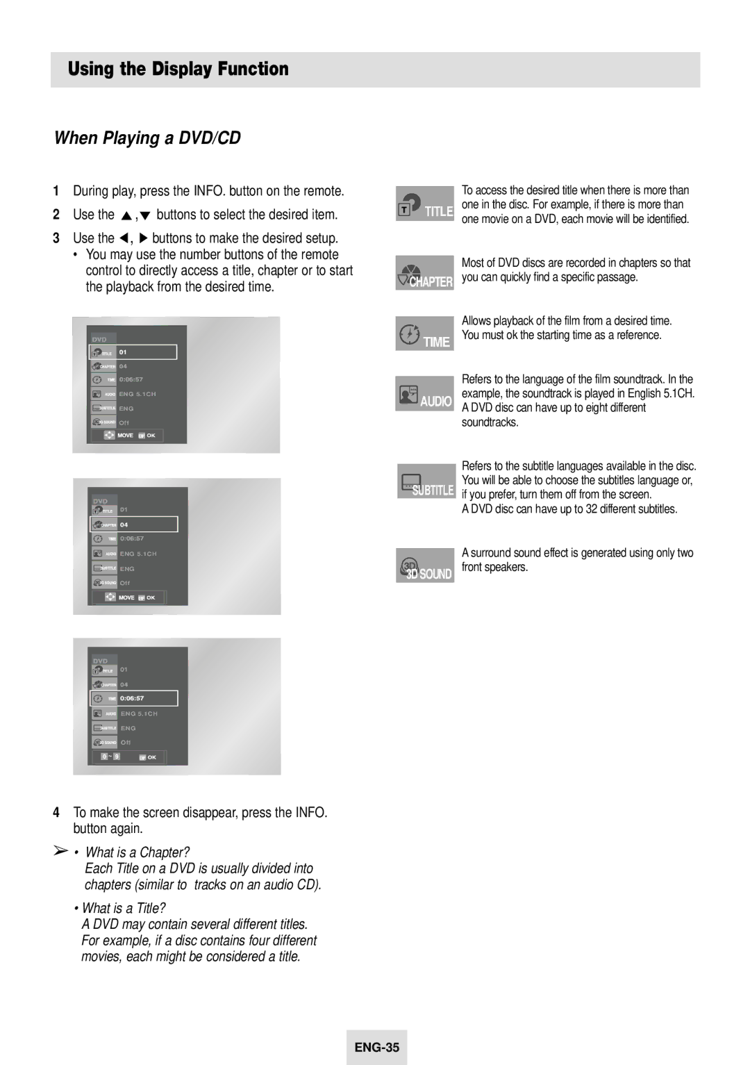 Samsung SV-DVD54T instruction manual Using the Display Function, When Playing a DVD/CD 