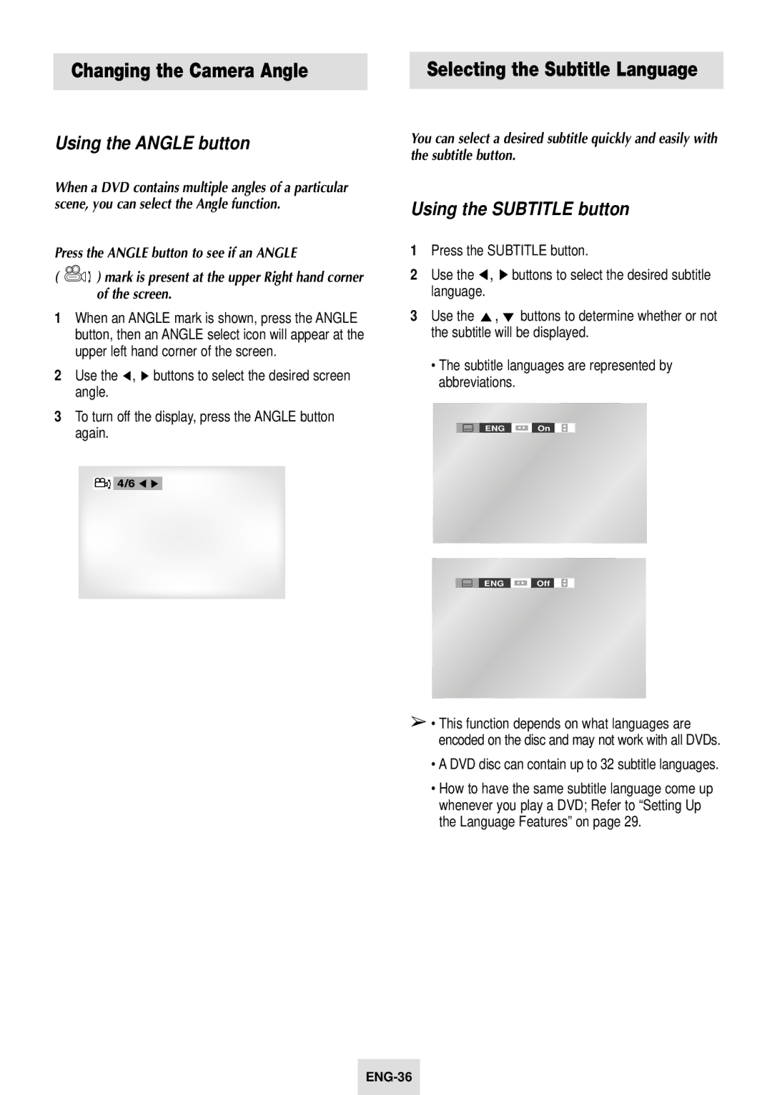 Samsung SV-DVD54T instruction manual Changing the Camera Angle, Using the Angle button, Using the Subtitle button 