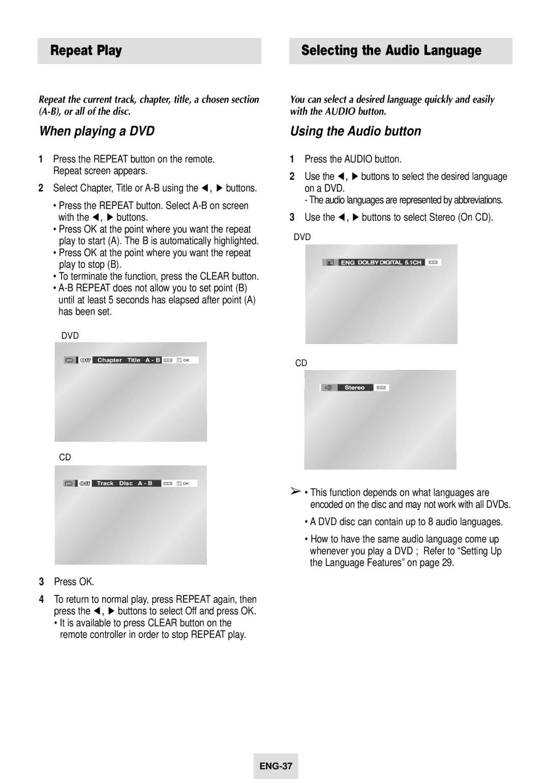 Samsung SV-DVD54T instruction manual Repeat Play Selecting the Audio Language, When playing a DVD, Using the Audio button 