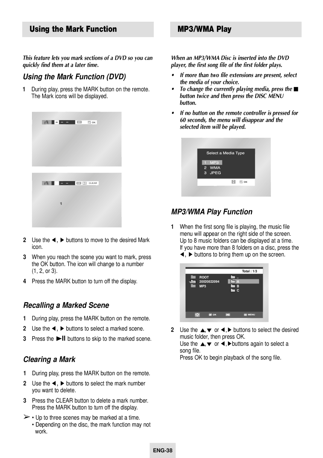 Samsung SV-DVD54T Using the Mark Function MP3/WMA Play, Using the Mark Function DVD, Recalling a Marked Scene 