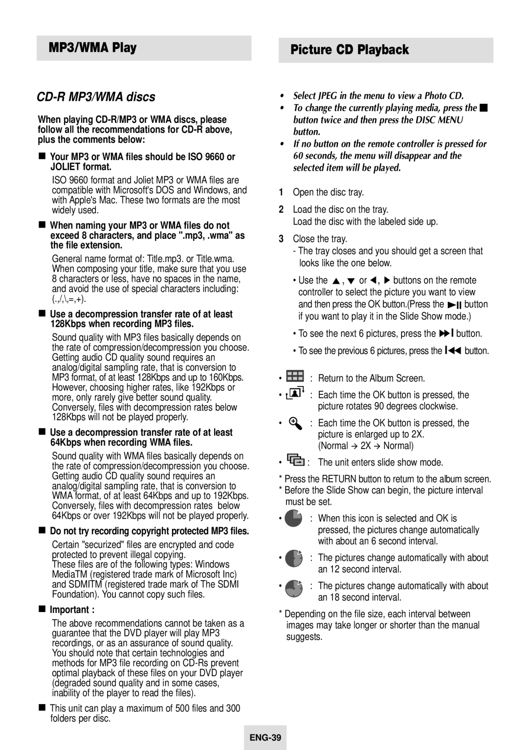 Samsung SV-DVD54T instruction manual MP3/WMA Play Picture CD Playback, CD-R MP3/WMA discs, Return to the Album Screen 