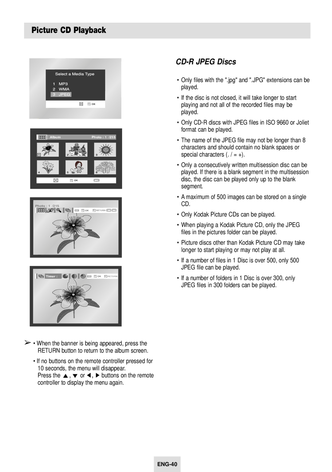 Samsung SV-DVD54T instruction manual CD-R Jpeg Discs, Seconds, the menu will disappear 