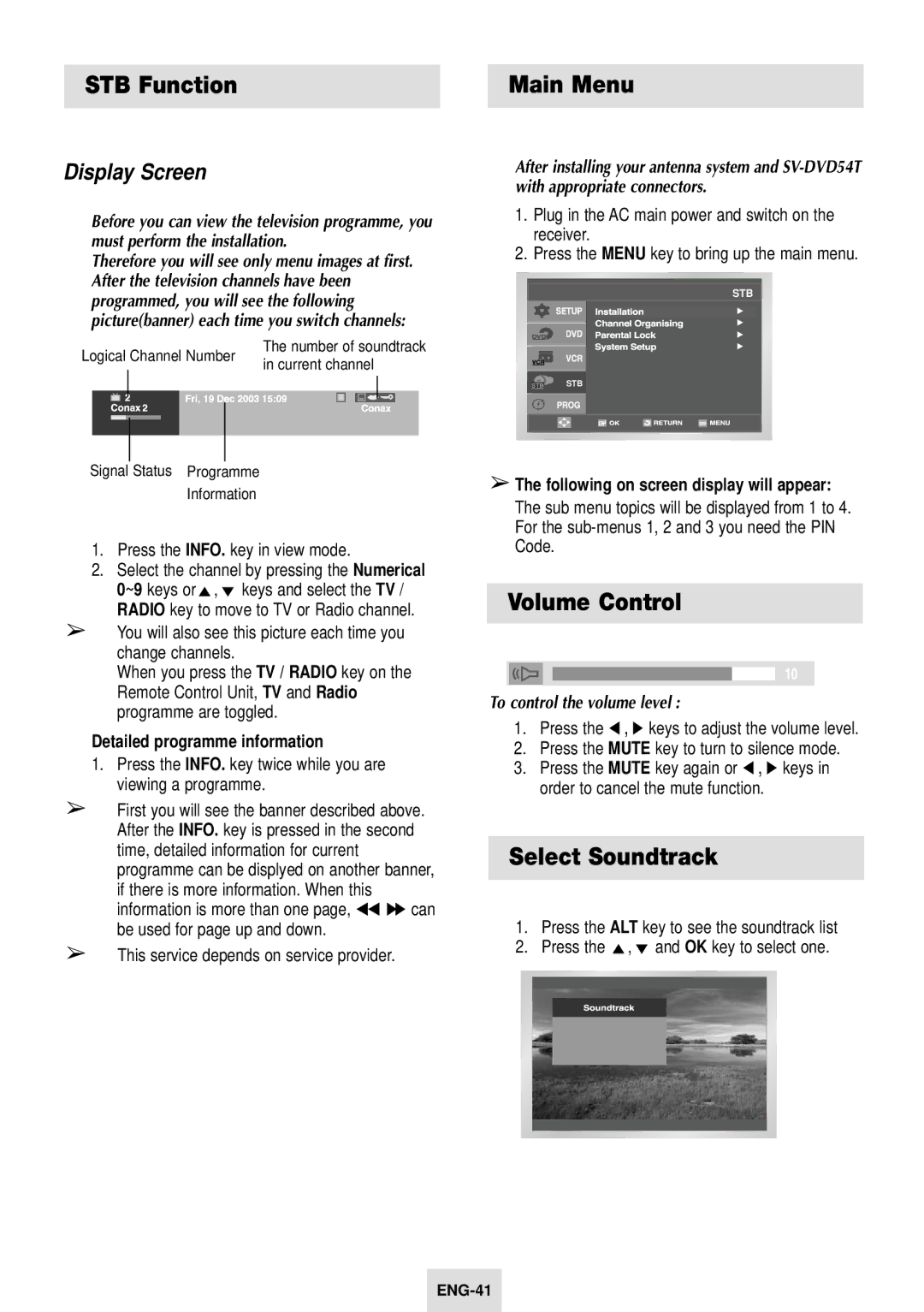 Samsung SV-DVD54T STB Function Main Menu, Volume Control, Select Soundtrack, Display Screen, To control the volume level 